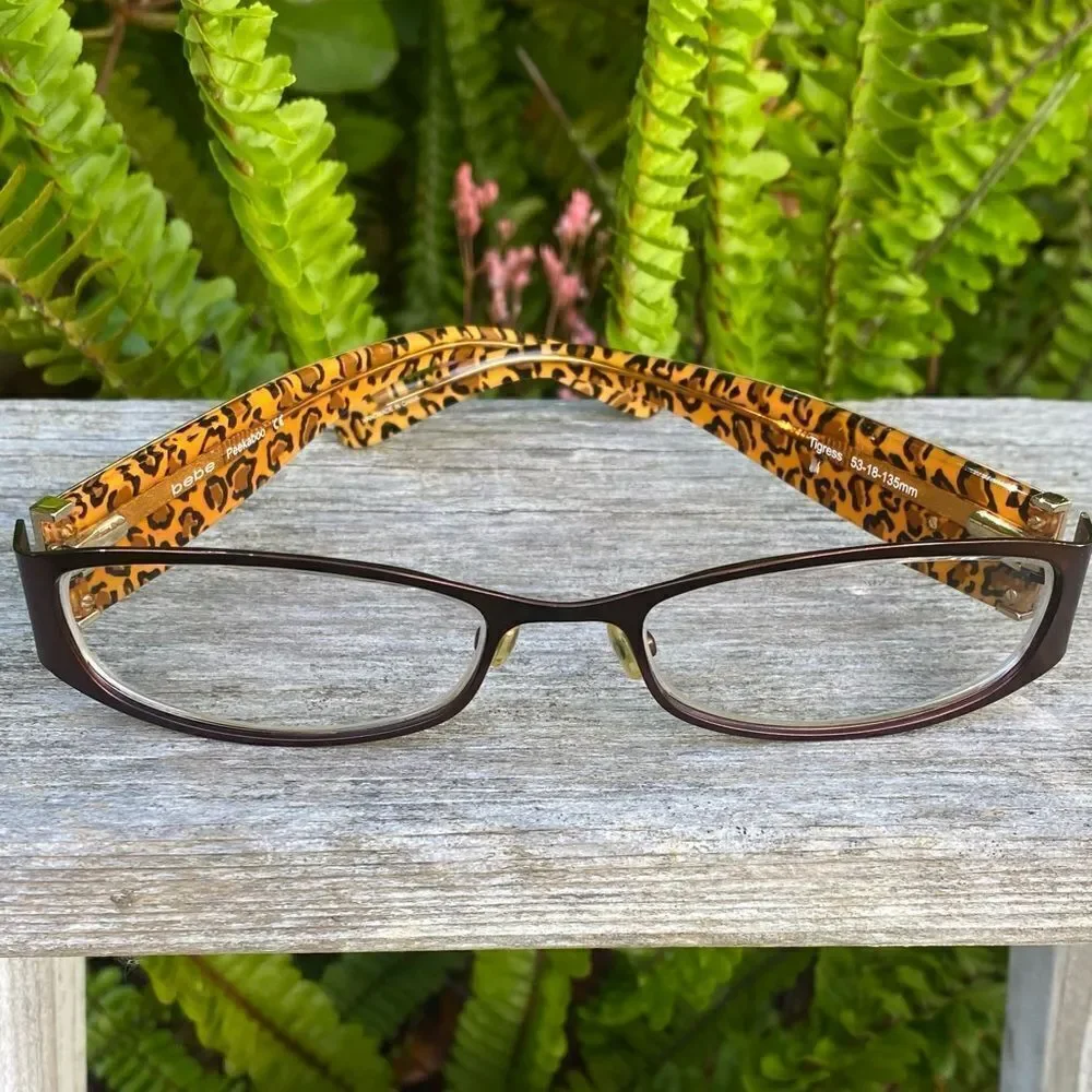 Bebe Peekaboo Tigress Brown Cheetah Eyeglass Frames Rectangle Shape 53-18-135